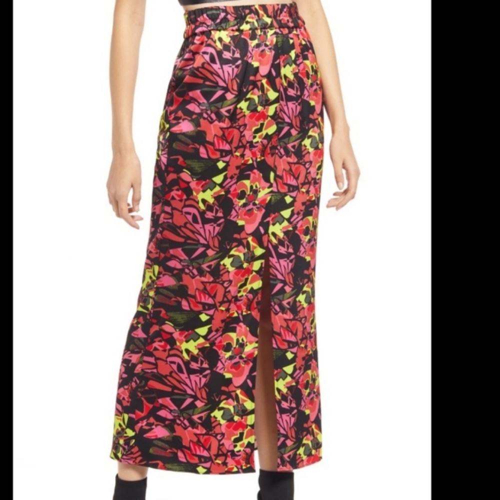 Open Edit Nordstrom Satin Midi Skirt In Pink Floral Geo Size Medium